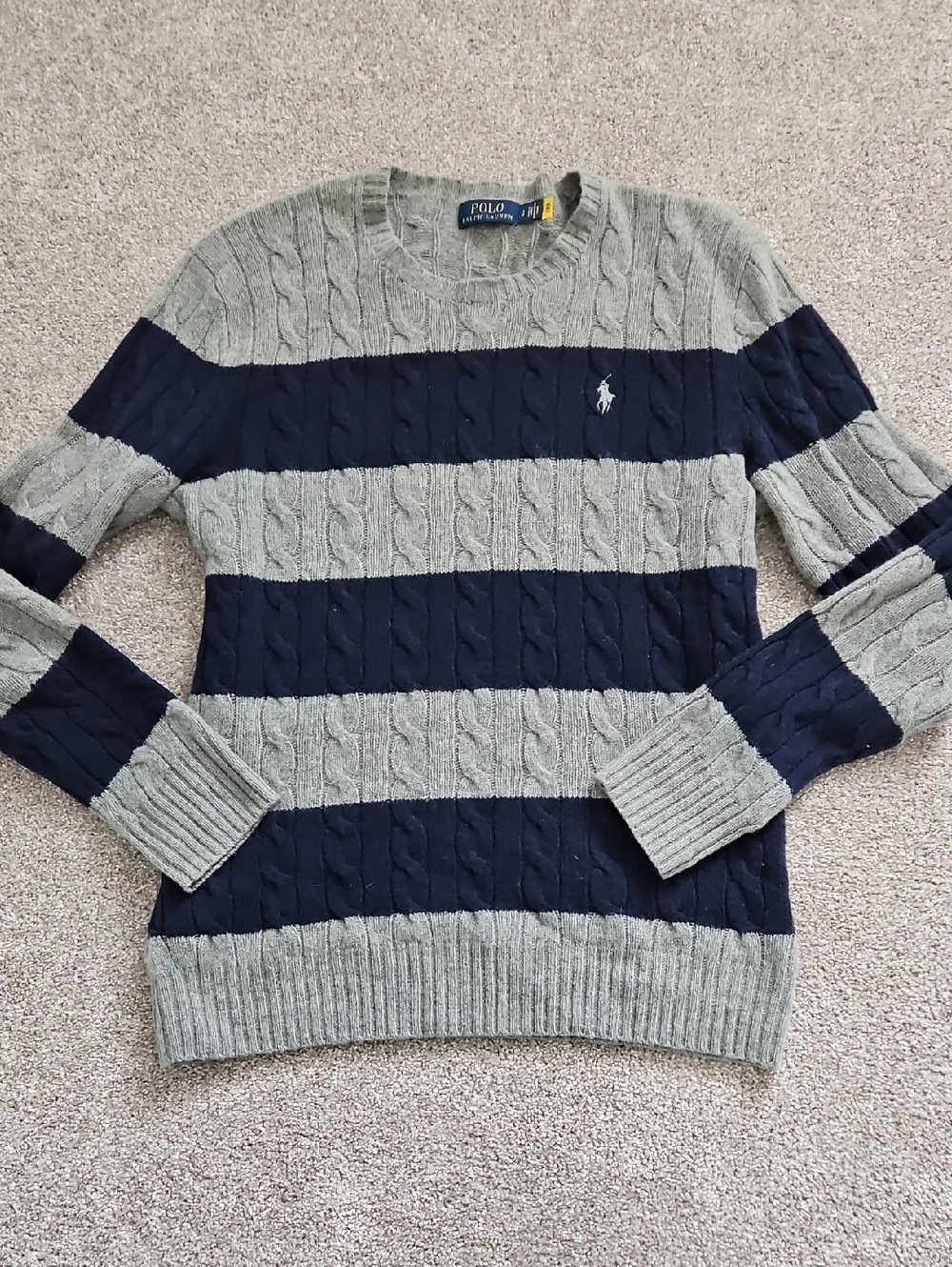 Polo by Ralph Lauren Gray and Navy Cable-Striped Crewneck Sweater